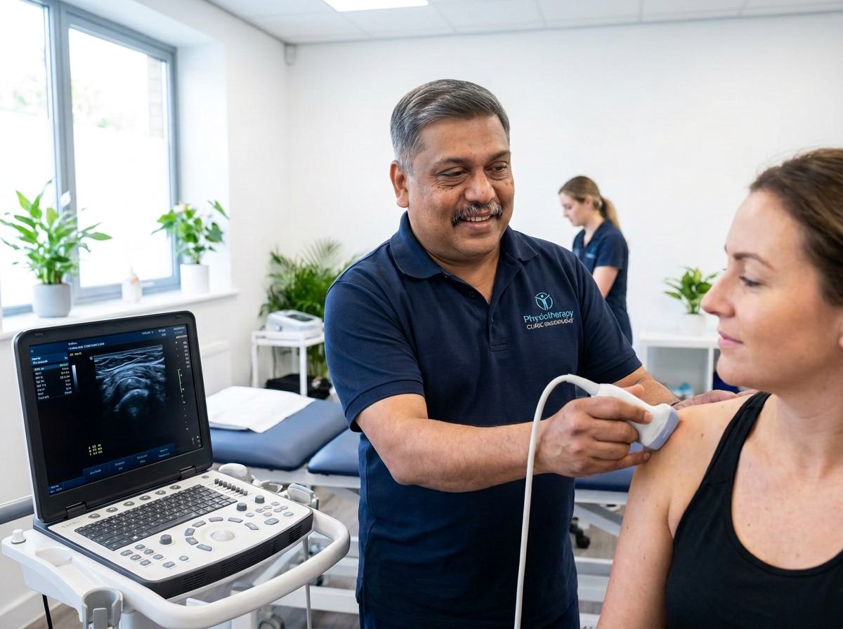 Physiotherapist scanning a patient's shoulder at G B Clinics in Botley, Oxford